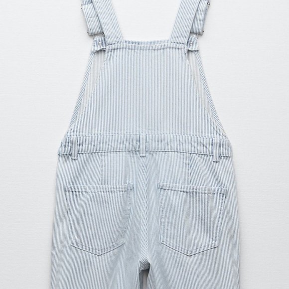 Zara Pin Striped Light Blue Denim Jumpsuit Ankle Straight Leg Overall Pant M - Picture 6 of 9